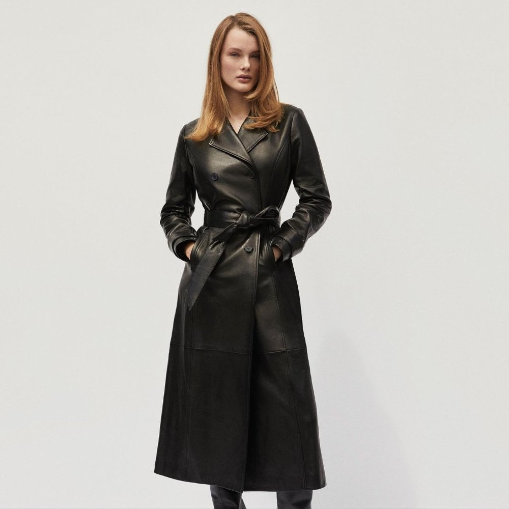 $2495 Frame Leather Trench in Noir Sz. S